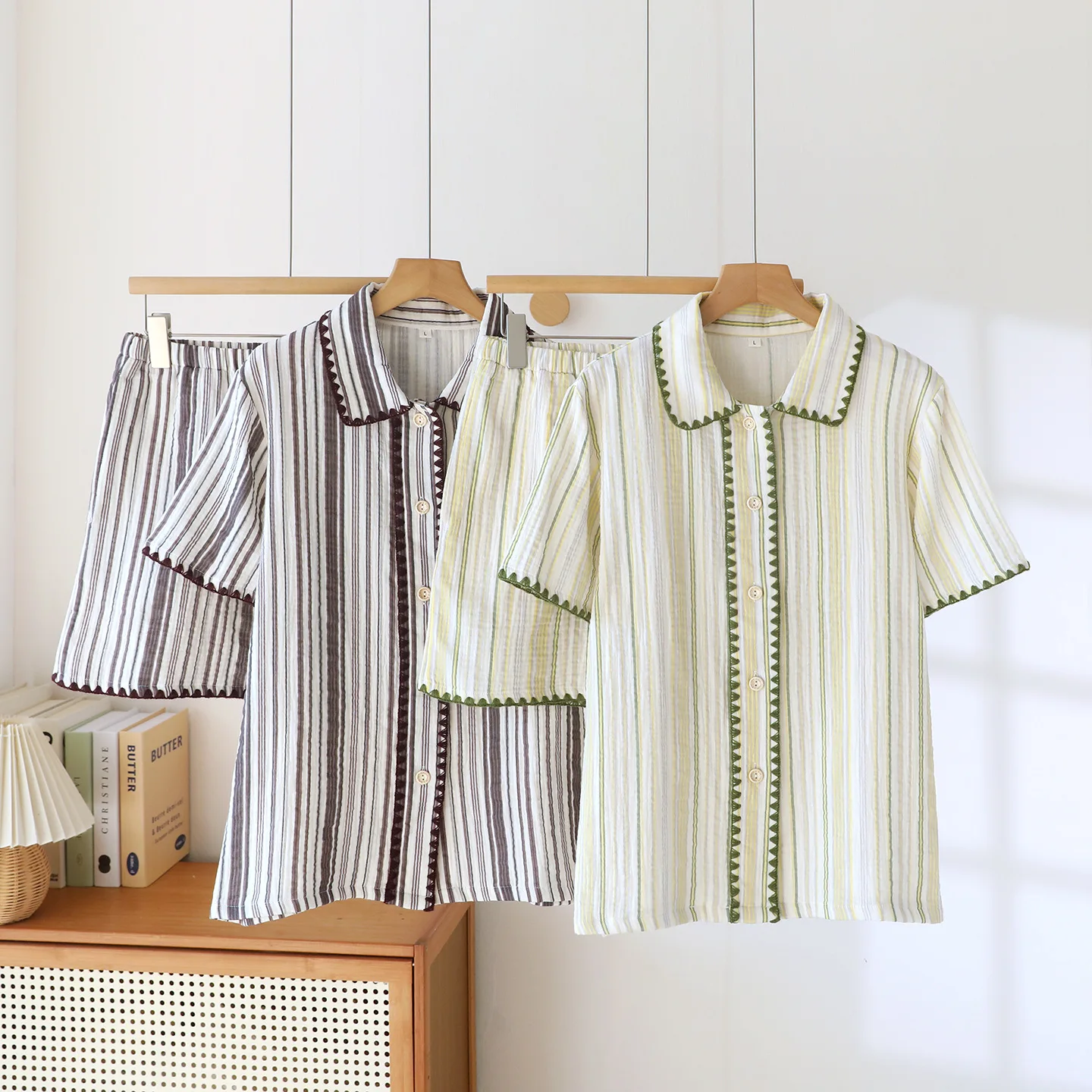 Spring Summer Vintage Striped Tops and Shorts 2 Pcs Pajamas Suit Women Turn Down Collar Simple Comfortable Loose Homewear Set