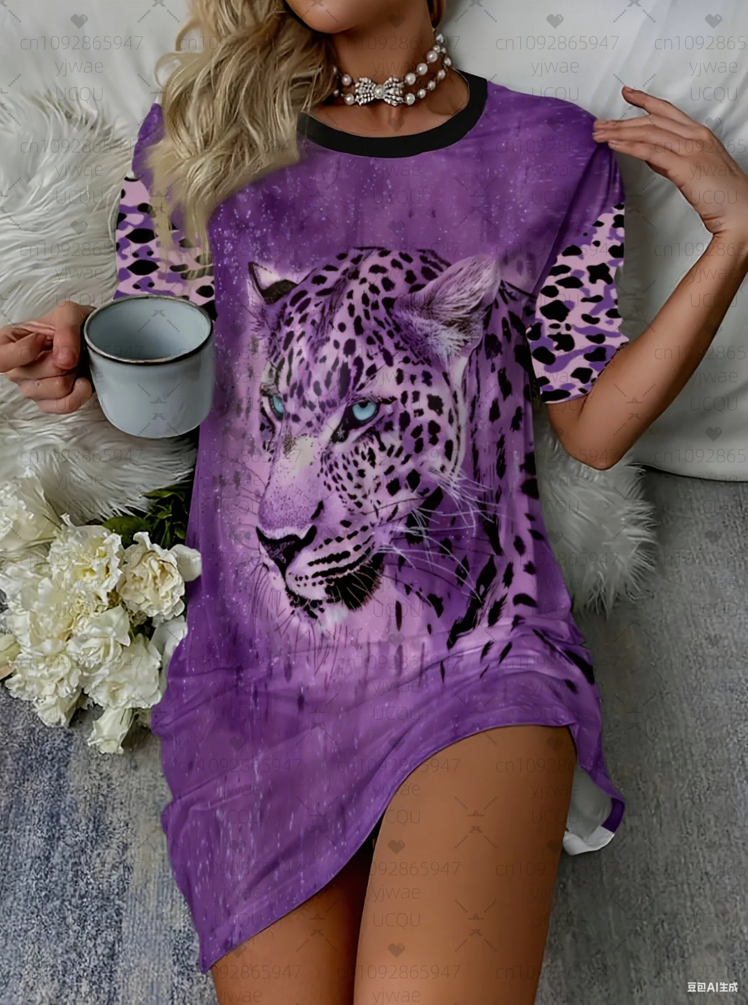 ฤดูร้อนผู้หญิงเสื้อยืดชุดสตรีเสื้อคลุมนอนพิมพ์ลายเสือดาว O-คอเลดี้แขนสั้นชุดเสื้อผ้าผู้หญิง