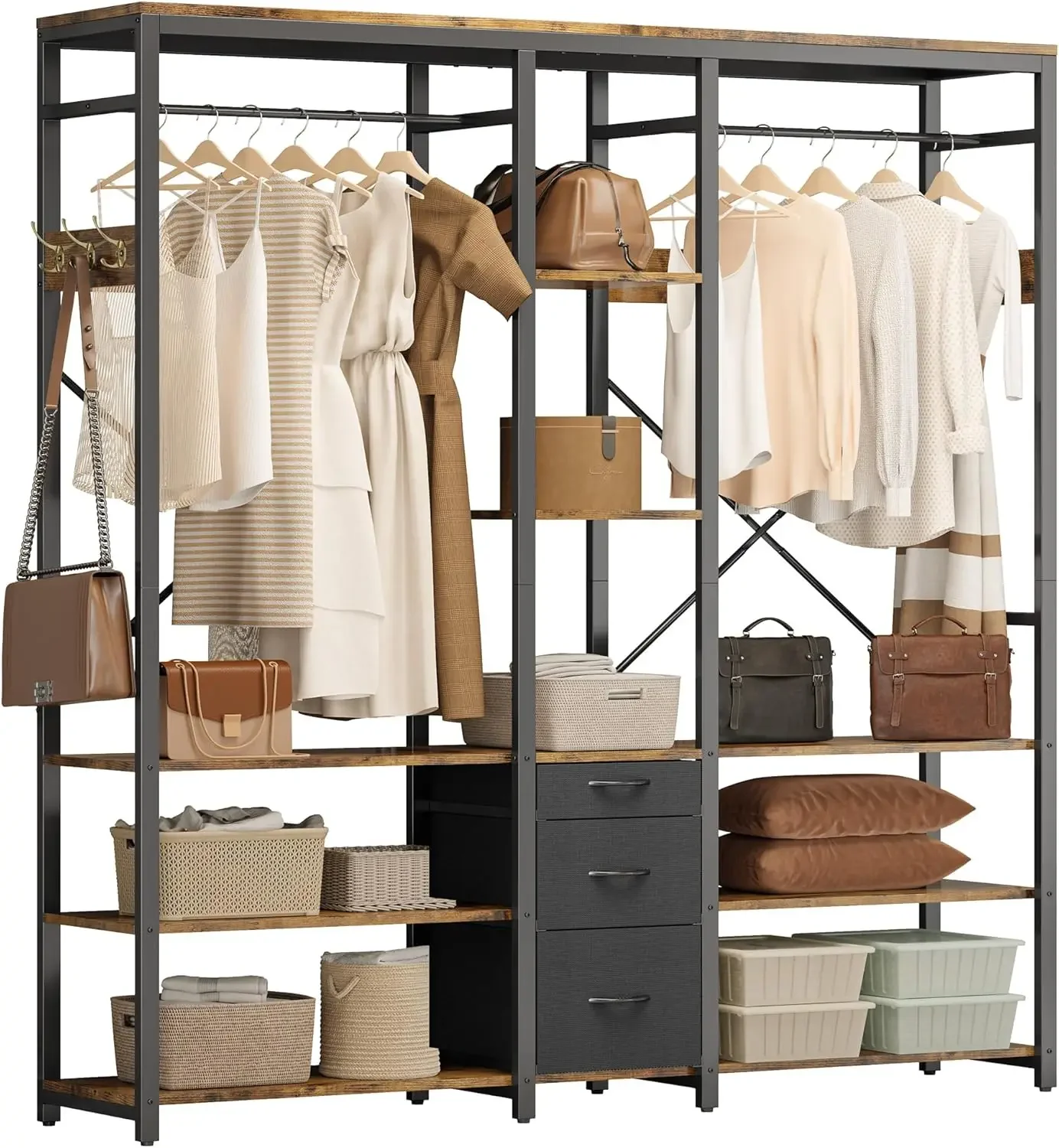 IRONCK Garment Rack With Shelves 3 Drawers, Heavy Duty Closet Organizers with Hanging Clothes, Freestanding Closet Wardrobe