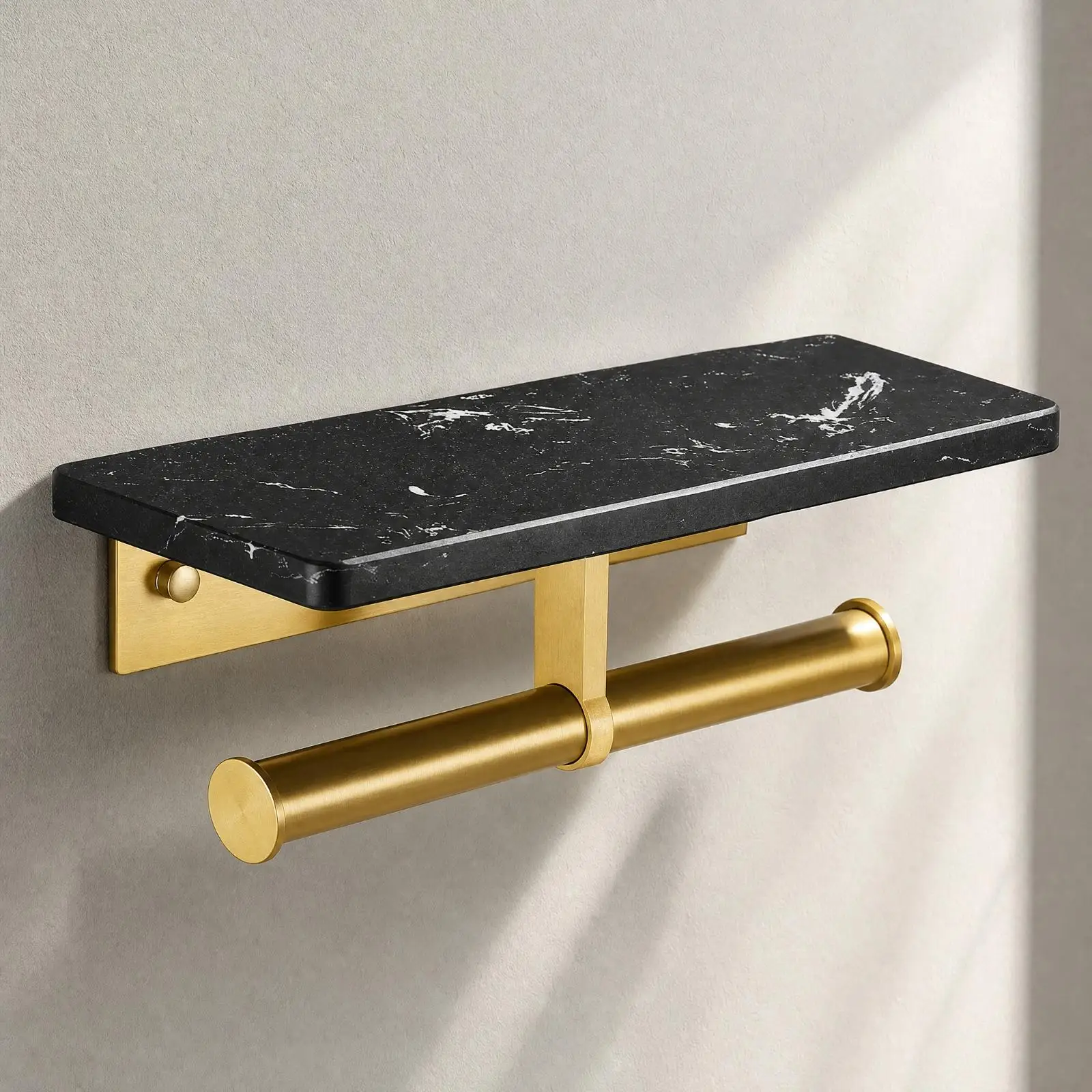 Space Saving Toilet Paper Holder with Marble Shelf and Gold Support Wall Mounted Bathroom Accessories No Drilling Required