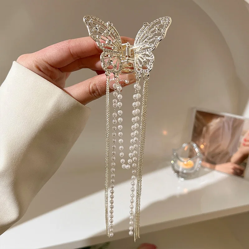 1 Pcs Full Diamond Hollow Butterfly Tassel Hair Accessories, Pearl Bead Chain Back Of The Head Grab Clip, Zinc Alloy Shark Clip