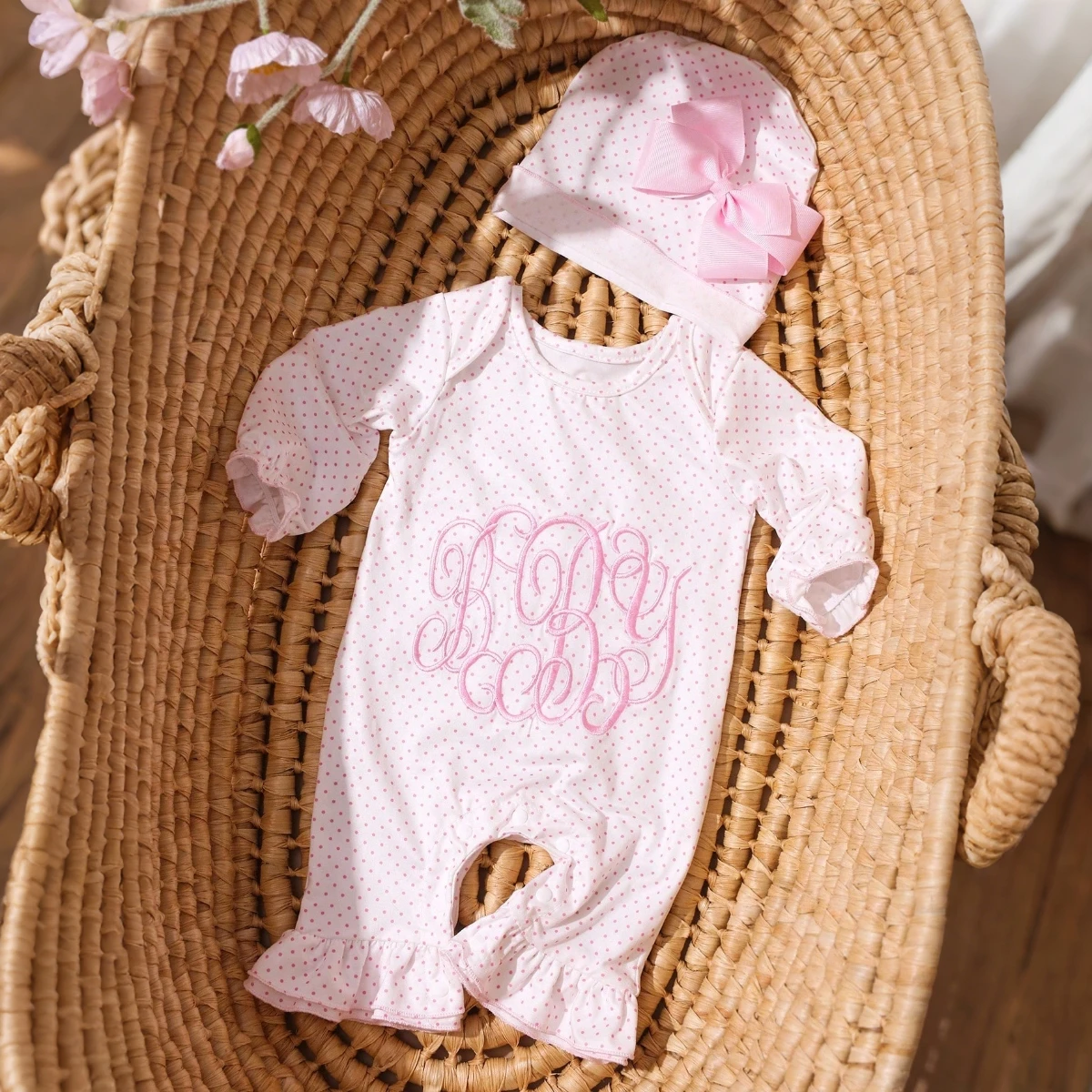 Ylsteed 2 Pcs Set Newborn Girl Photography Outfit Embroidery Baby Ruffle Jumpsuit with Ribbon Bowknot Hat
