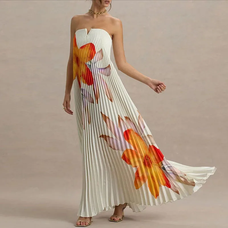 Spring Flower Print Strapless Evening Dresses Woman Elegant Sleeveless Hollow Long Pleated Dress Summer Backless Zips Boho Dress