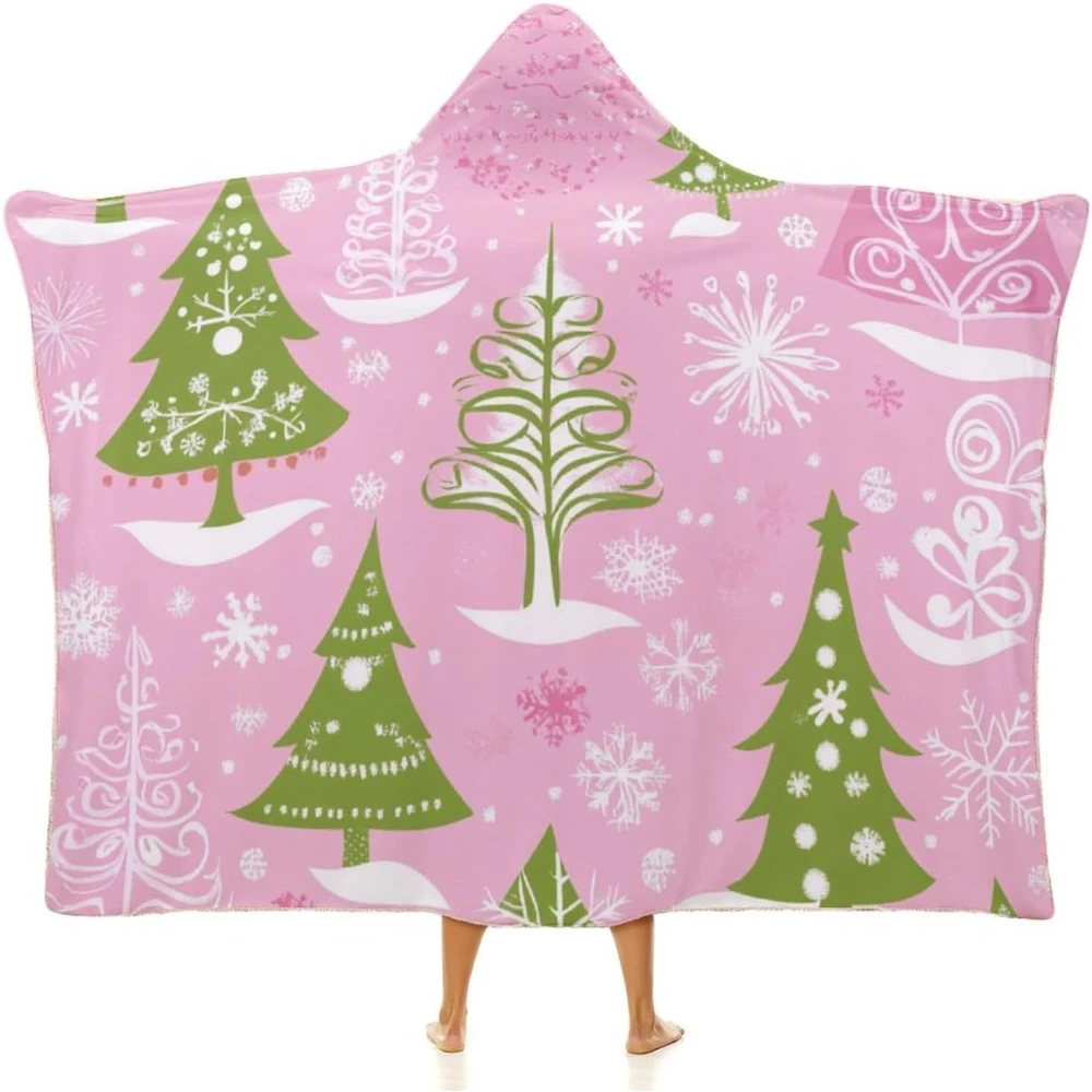Hooded Blanket Pink Green Xmas Tree Wearable Blanket Christmas Forest Trees Throw Wearable Blanket Cute Soft Warm Cozy Shawl
