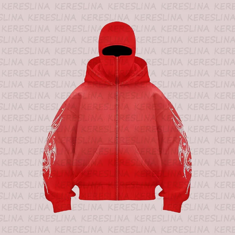 Casual fashion in autumn and winter, hooded sweater with balaclava hat design, printed pattern design, unisex windproof and warm