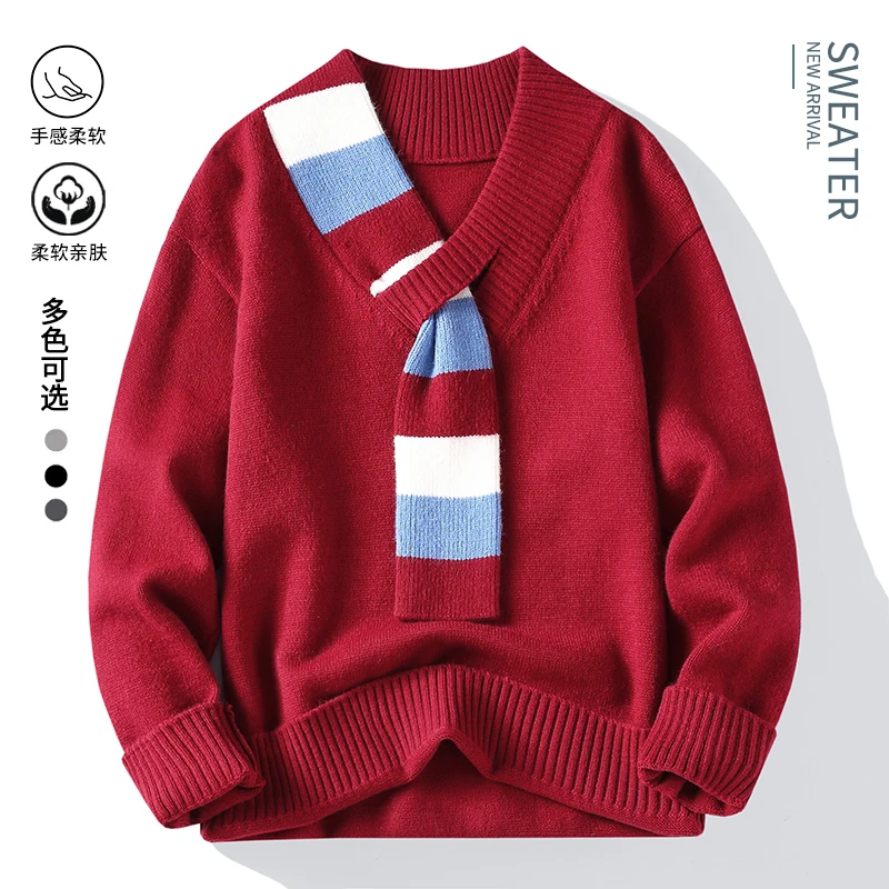 

2025 autumn and winter new men's high-quality trendy creative thickened knitted round neck sweater base sweater pullover