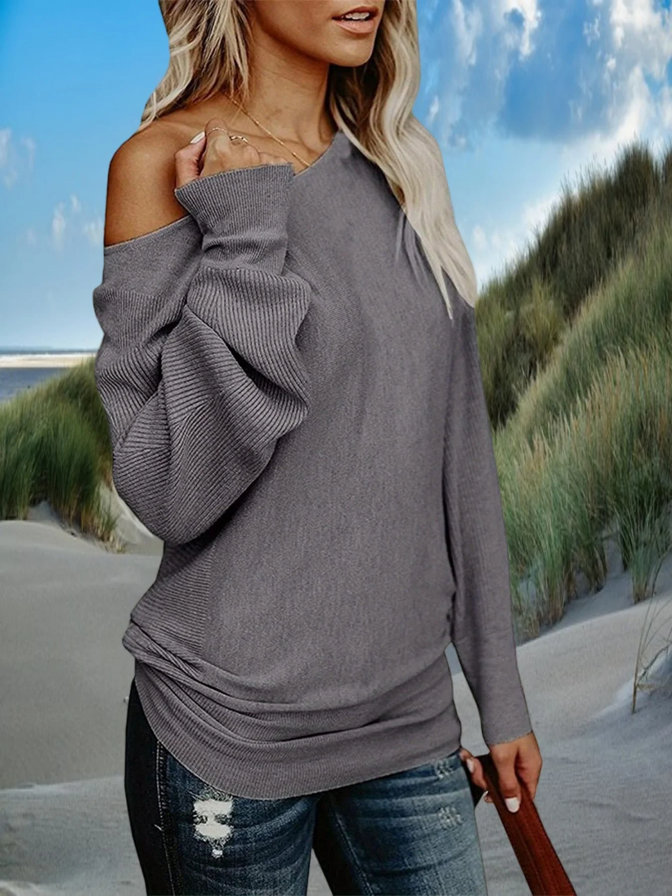 レディース秋冬デイリーオフショルダーセーターオーバーサイズニット長袖セーターチュニックトップス