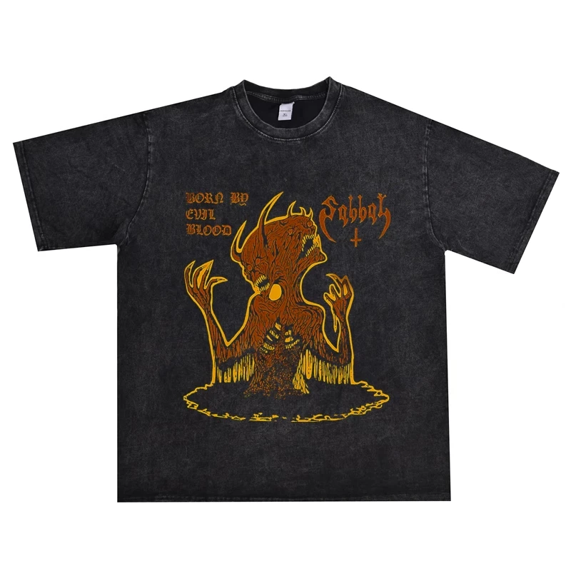 

2025 Metal Rock Sabbat Lock Breaker Band Washed and Aged Pure Cotton T-shirt Short-sleeved Men and Women