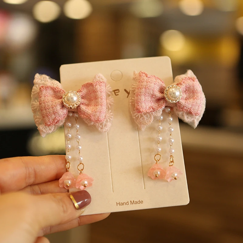 2 unids/lote de pinzas para el cabello para bebé, horquillas con lazo para niños, accesorios para el cabello con borlas de encaje y lazo de perlas rosas y moradas para niñas dulces
