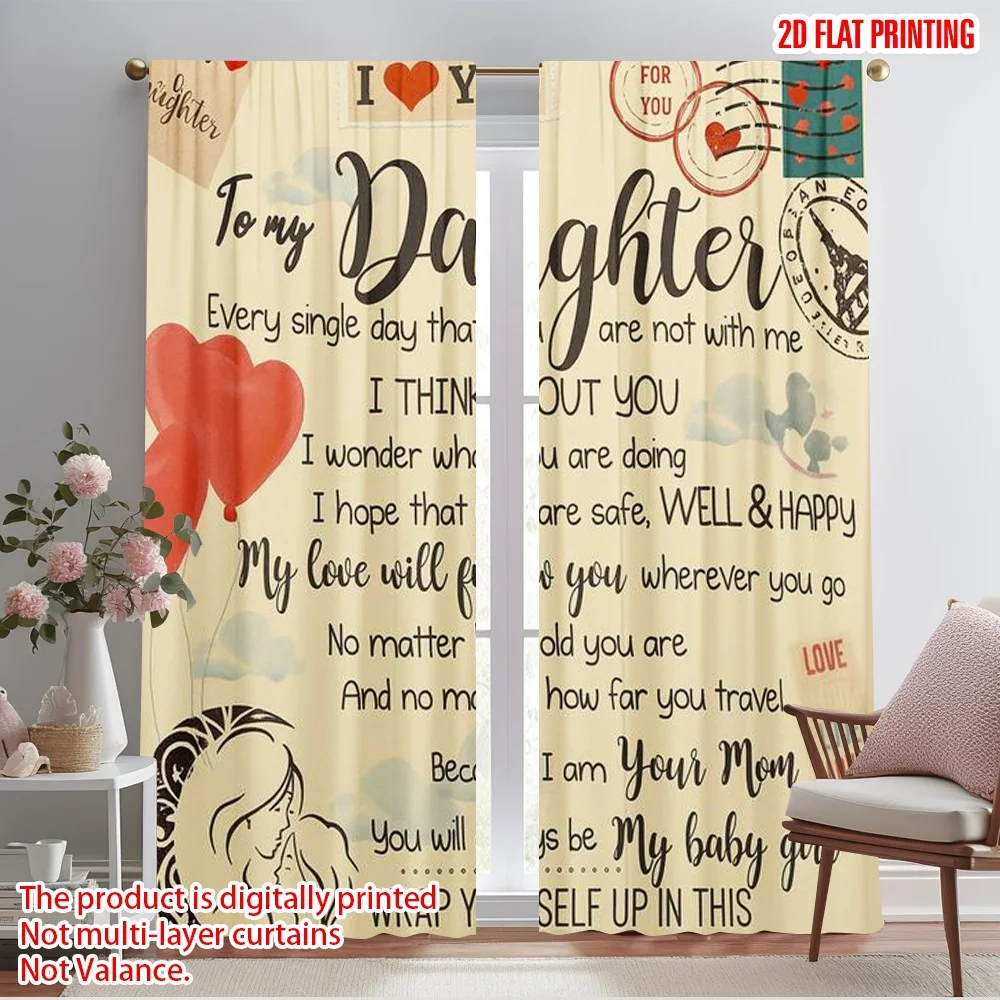 2pcs,2D plane printing Light Filtering Curtains Love Letter to Daughter 100% Polyester (without rod) Festive Ldeal for Bedroom