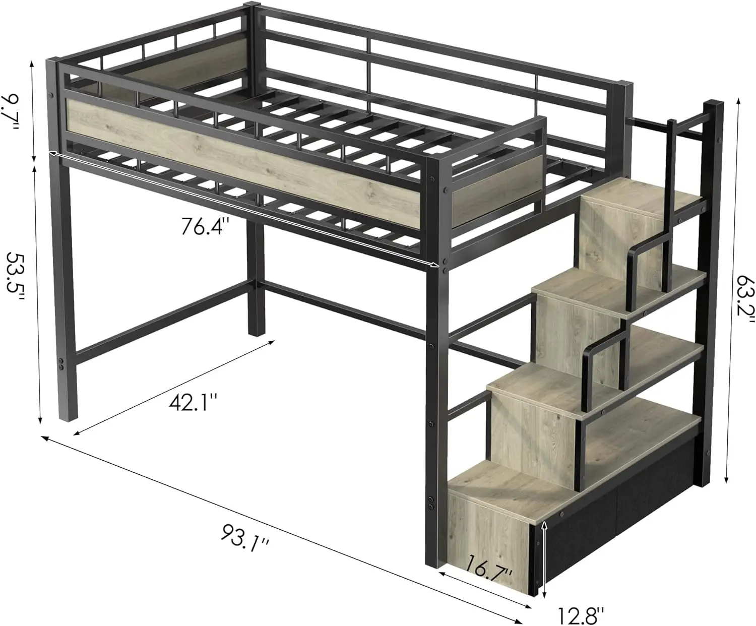 Space-Saving Metal Loft Bed with Stairs for Teens in Apartment or Dorm, Black, Sturdy, Built-in Storage, Large Under-Bed Space
