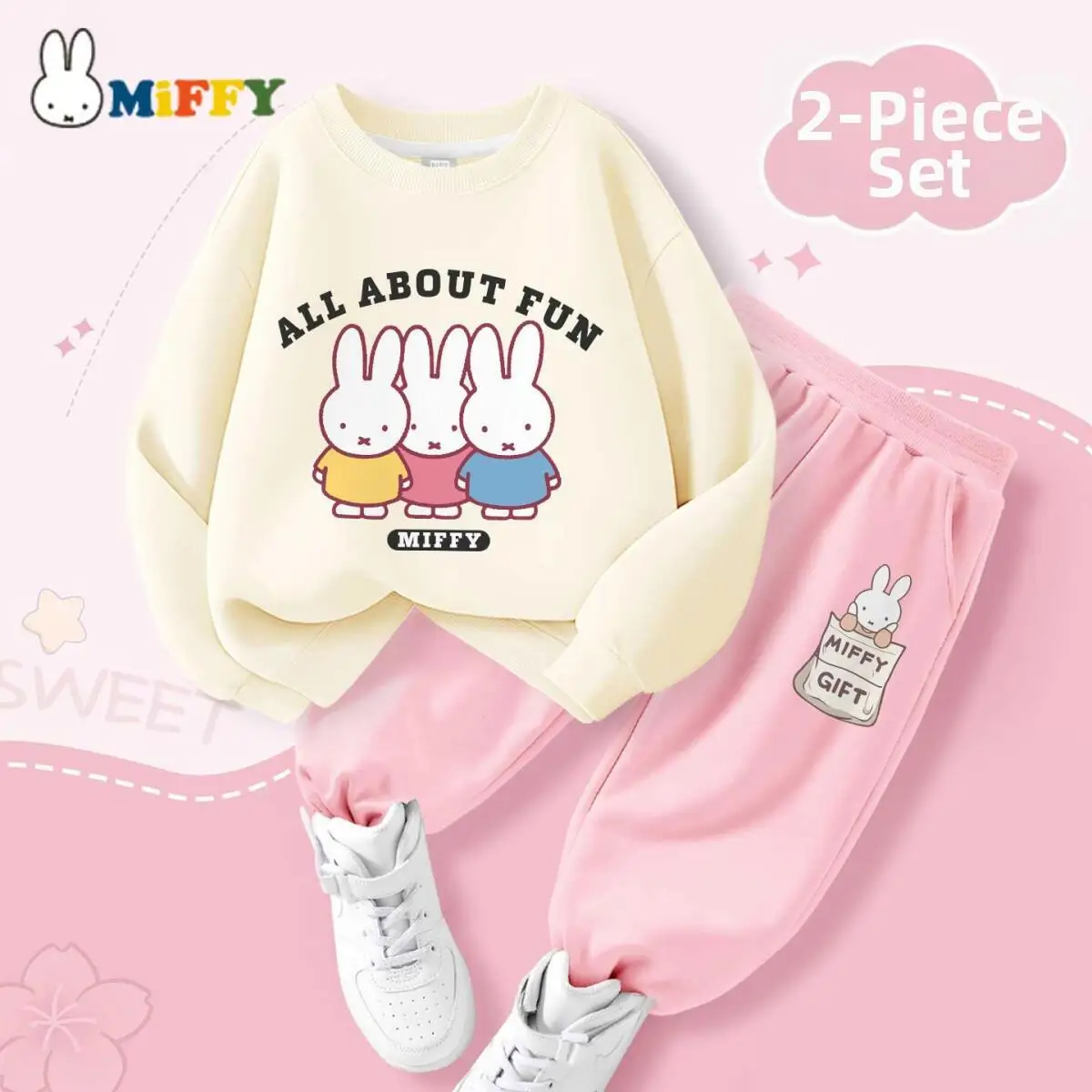 Miffy Kawai Set Pantaloni con cappuccio per bambini Cartoon Simpatico set in due pezzi Primavera e autunno Comodo abito caldo alla moda
