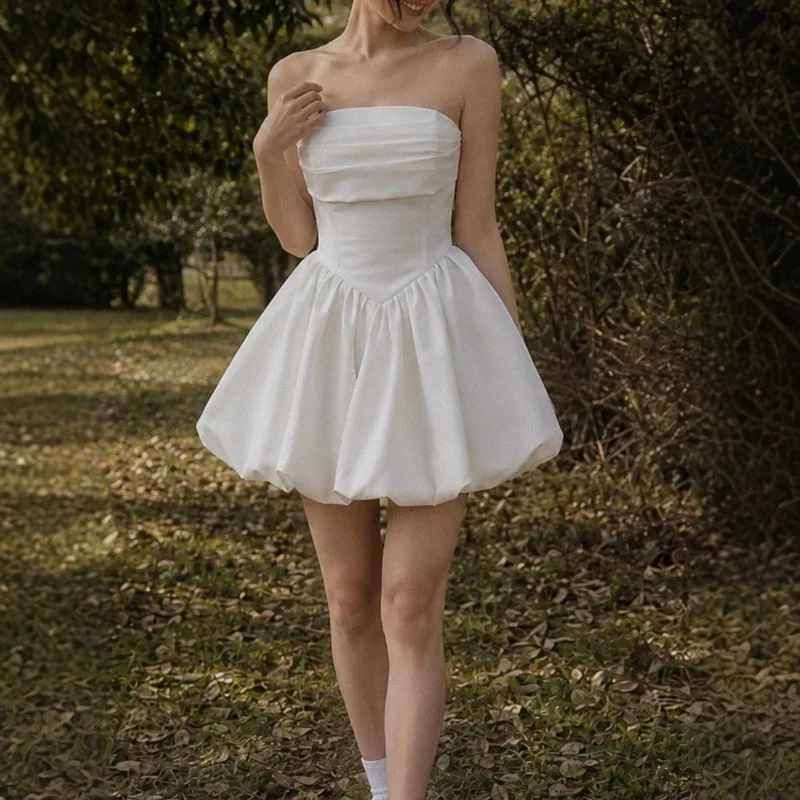Strapless Pleated Bodice Bubble Hem Short Wedding Dress Mini Bridal Gown Women Engagement Party Homecoming Vestido De Novia