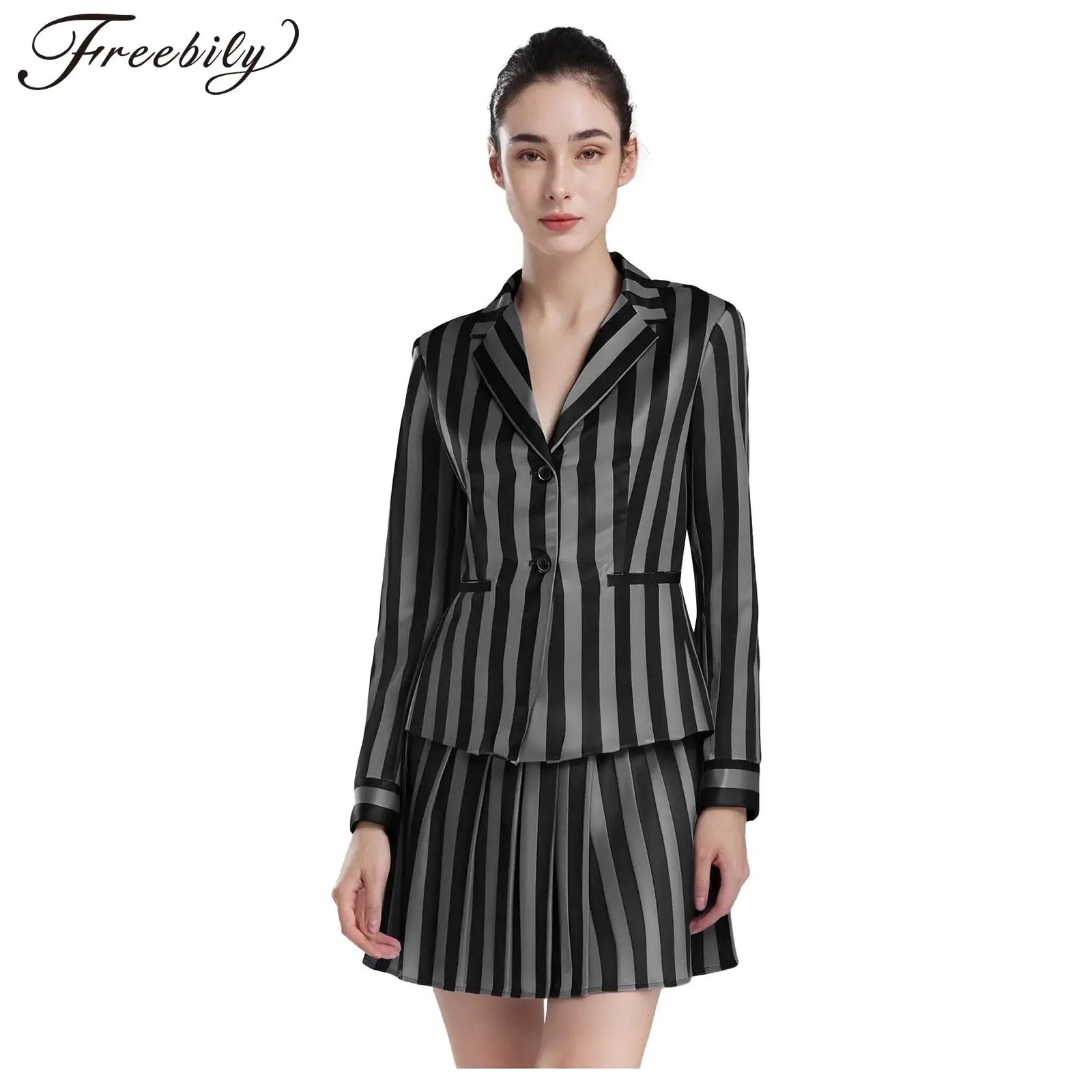 ג'קט בלייזר עם שרוולים ארוכים ופסים לאקדמיה Nevermore, חצאית מפולייסטר למסיבת הלווין, חג המולד וקוספליי