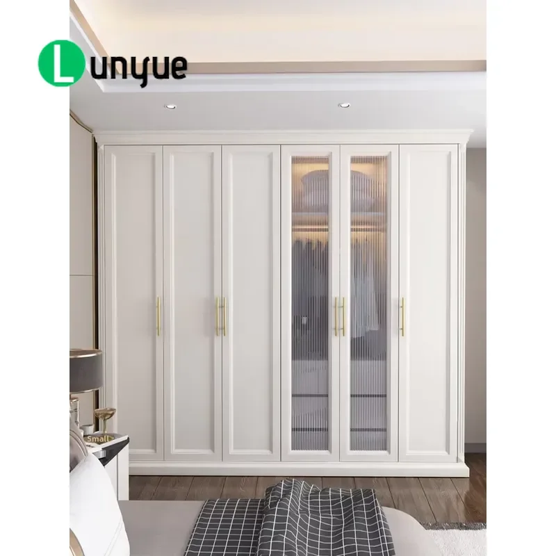 Light Luxury Solid Wood Wardrobe Modern Simple White Glass Sliding Door Bedroom Locker Customizable High Quality Storage