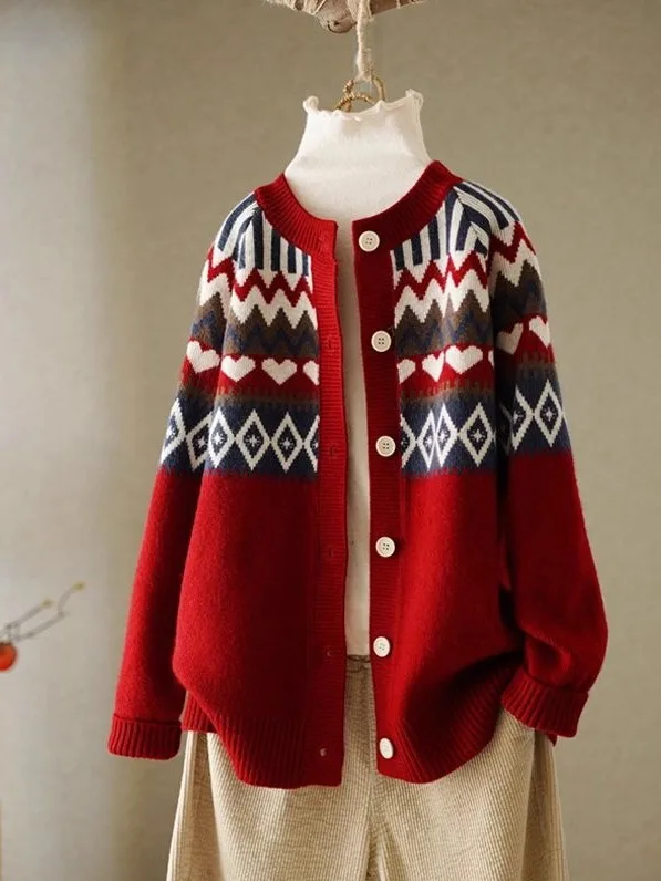 

Red Diamond Pattern Knitted Open Cardigan Women's Loose Sle Faion Design Autumn New Arrival Sweater by duomei