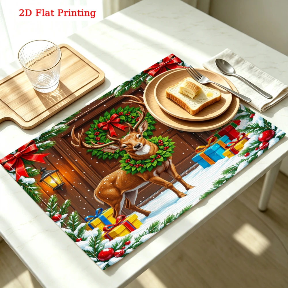 Christmas Deer Wreath Gift Scene Kitchen Placemat Coaster Linen Pad Dish Coffee Cup Table Mat 30x40cm Home Decor