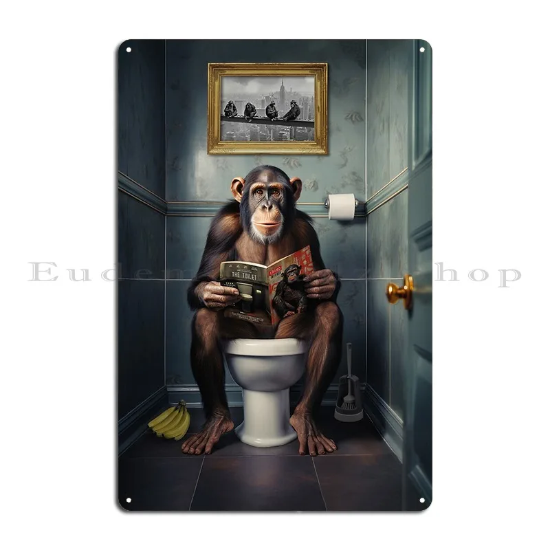 Chimpanzee On The Toilet Funny Chimp Bathroom Art Metal Sign Cinema Classic Mural Designs Printing Tin Sign Poster