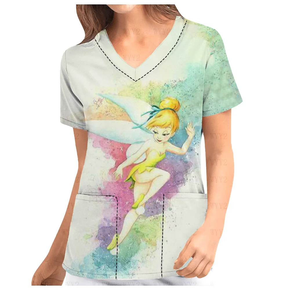 Nursing Accessories Dental Clinic Beauty Salon Work Clothes Disney Magic Fairies Cute Print Women V-Neck Print Scrub Top