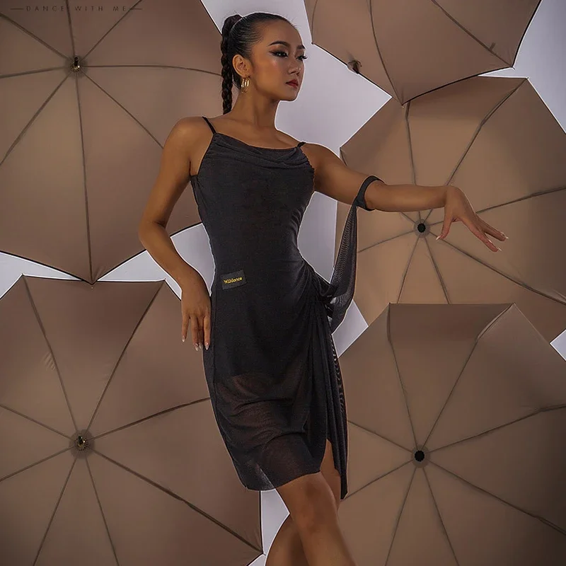 Novo vestido latino de malha com um braço, padrão nacional, roupas de dança de salão, vestidos femininos para prática de palco sl6911