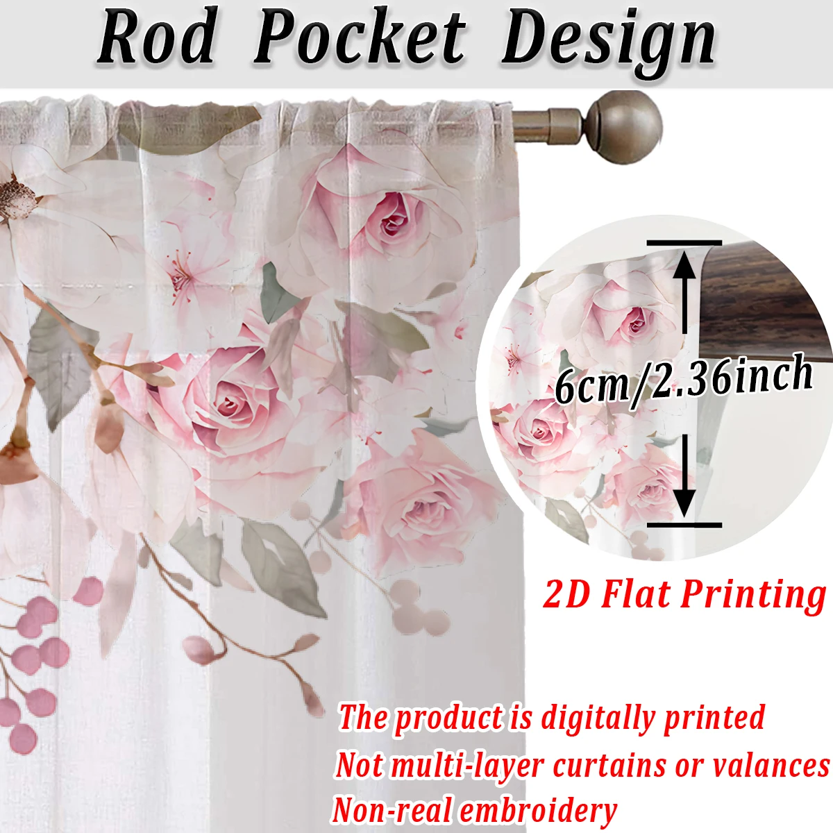 ستارة شفافة بطباعة مسطحة على شكل زهور وردية، قماش خفيف، لغرفة المعيشة وغرفة النوم وديكور المنزل والنافذة