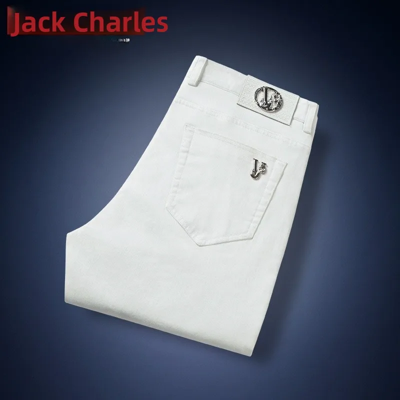 

High Quali Soft Waed White Jeans Men's Slim Fit Faionable Korean Sle Youthful Cotton Blend Stretch Denim Pants