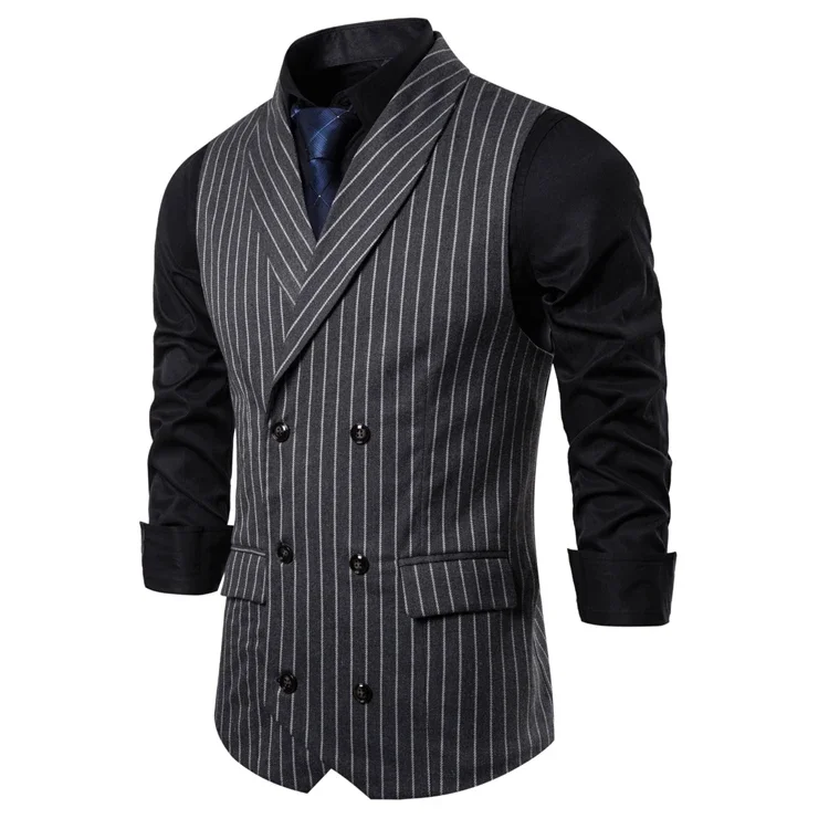 Mens Waistcoat Stripe Plaid Formal Suit Vest Men Fashion Casual Double Breasted Sleeveless Gilet Male Business Formal Dress Vest