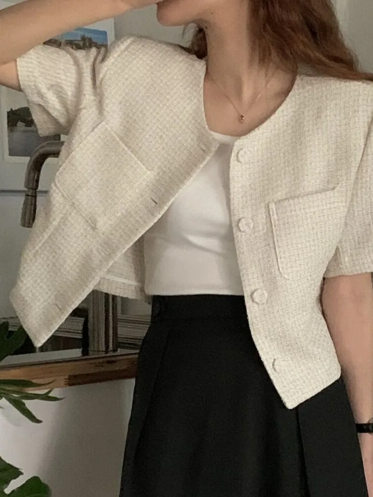 

Ele Plaid ort Sve Outerwear Women's Korean Sle Single Button Cardigan Versatile Slimming Commute Sle Summer Faion