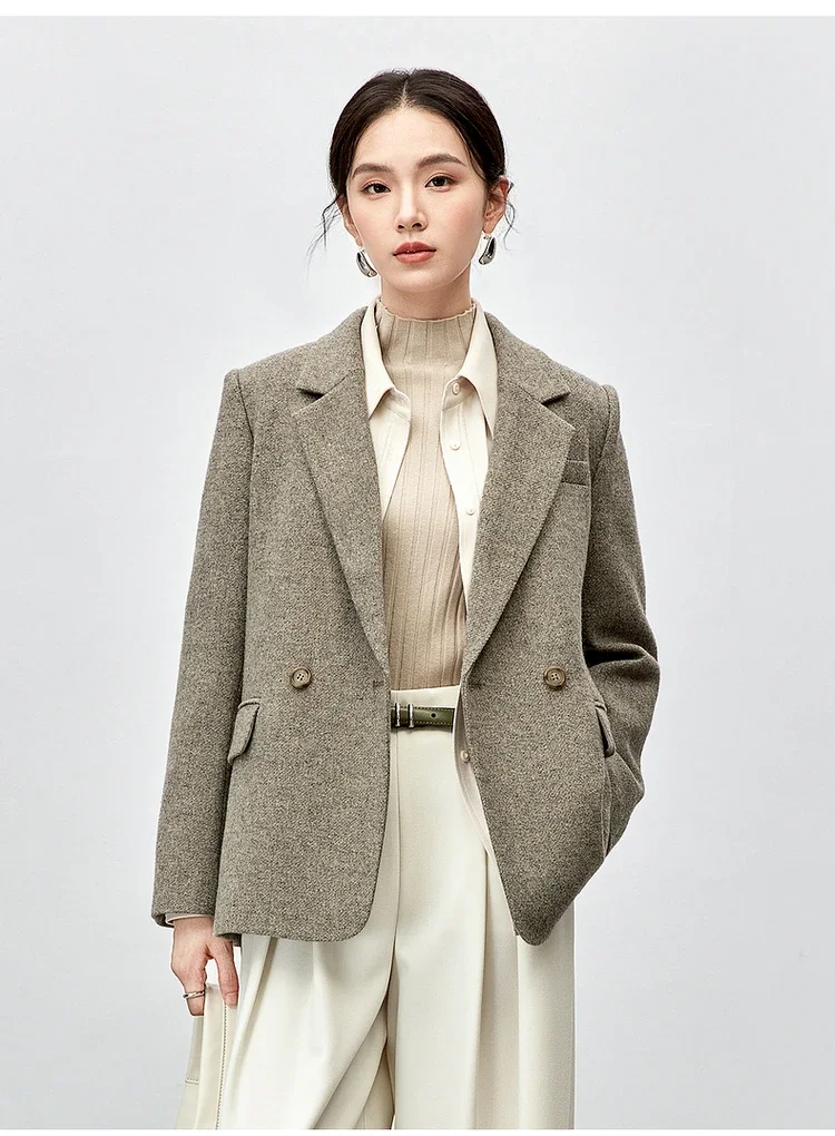 SENTUBILA Texture Wool Blazers Women 2024 Winter Loose Notched Collar Double Breasted Formal Work Office Blazers 144X57522