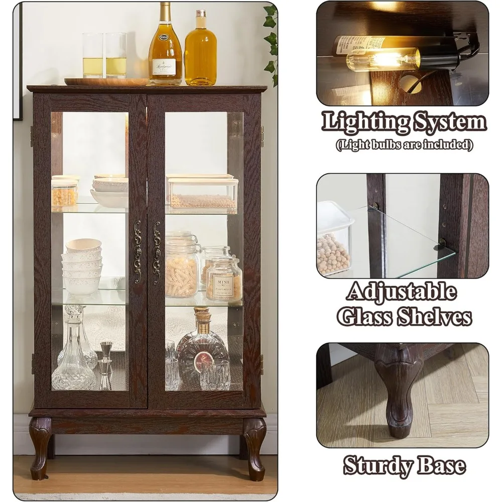 43-дюймовый стеклянный шкаф для сувениров с высокой подсветкой, регулируемыми полками и дверцами из закаленного стекла, деревянная витрина