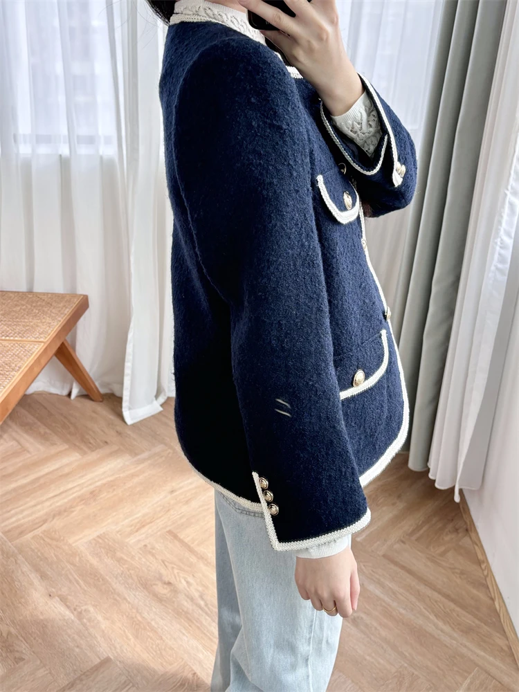 New 2024 High Quality Women Long Tweed Jacket Flap Pocket O-Neck Solid High Street Chic Stunning Fashion Design Trendy Casual S