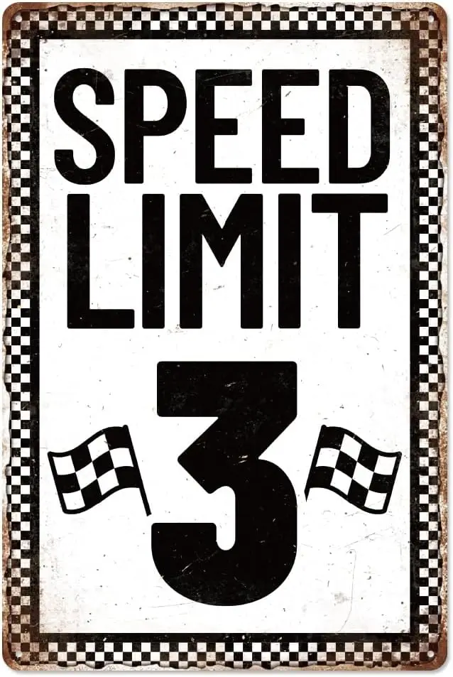 WADORN Speed Limit 3 Vintage Metal Tin Sign,   Racing Theme Retro Art Sign Funny 3rd Birthday Decor Gifts Plaque for Cafe Pubs S
