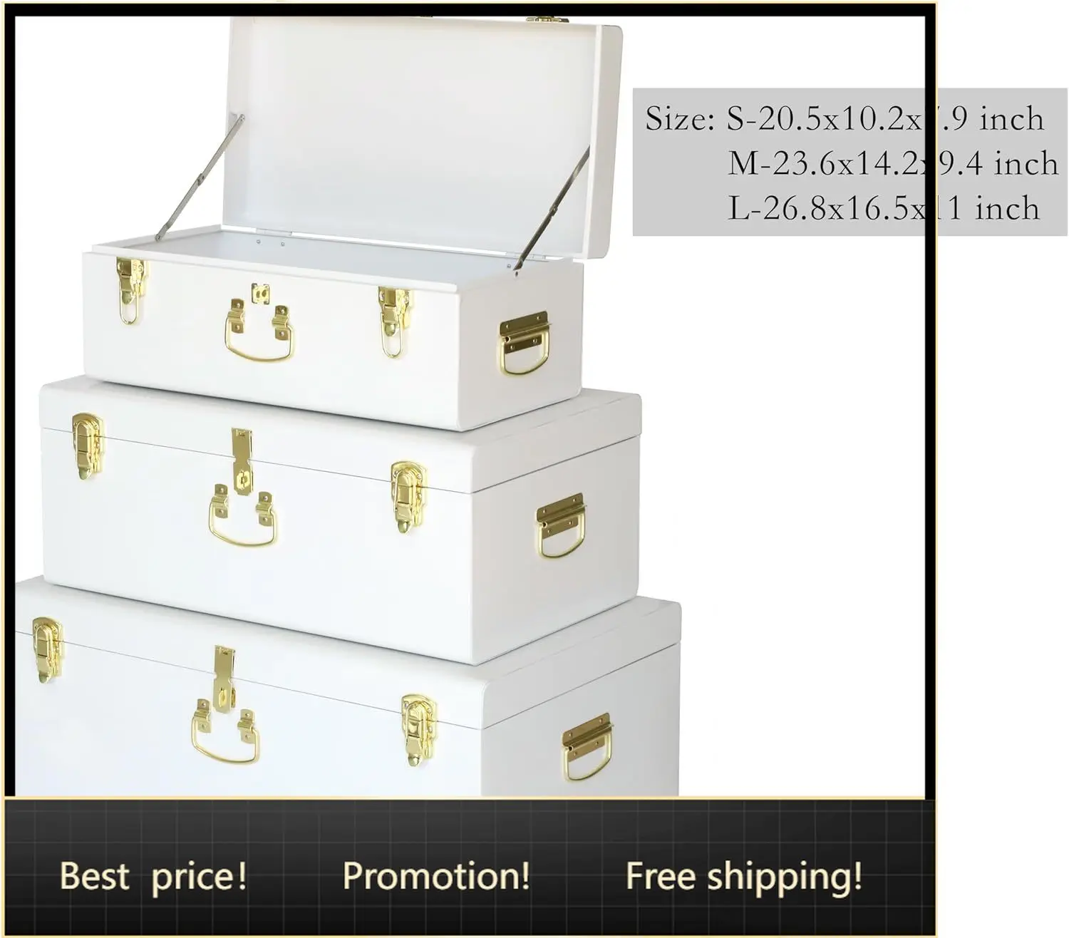 

Decorative Box Set of 3 Metal Trunks Chest with Safety Lock Clasp for Treasure Organization and Home Dorm Decor,26.8x16.5x11Inch