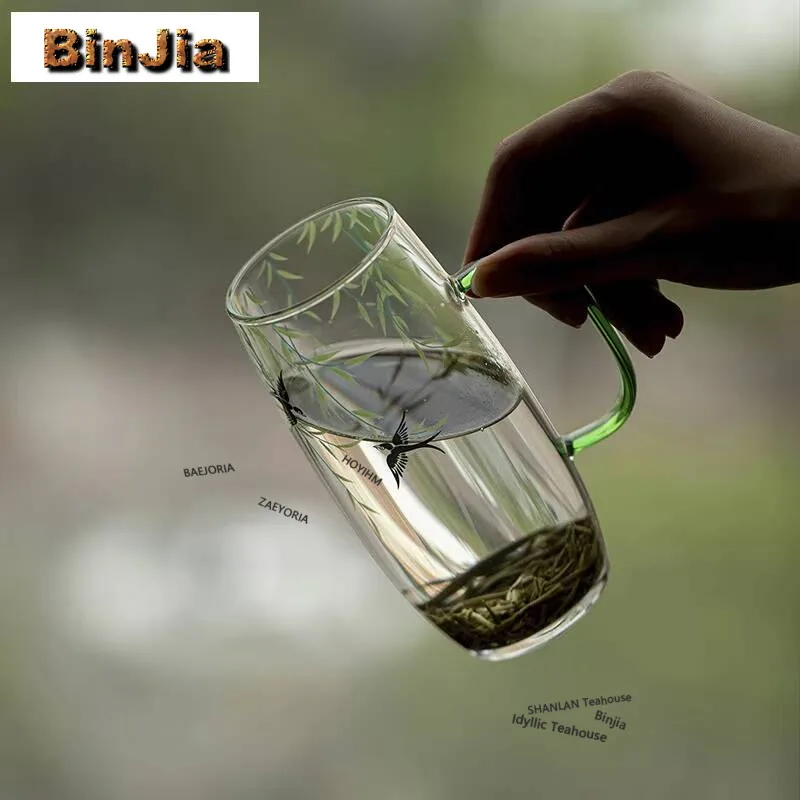 410ml Transparent Glass Willow Swallow Coffee Mug Oatmeal Breakfast Mug Afternoon Tea Mug Personal Office Water Cup Teaset Gift
