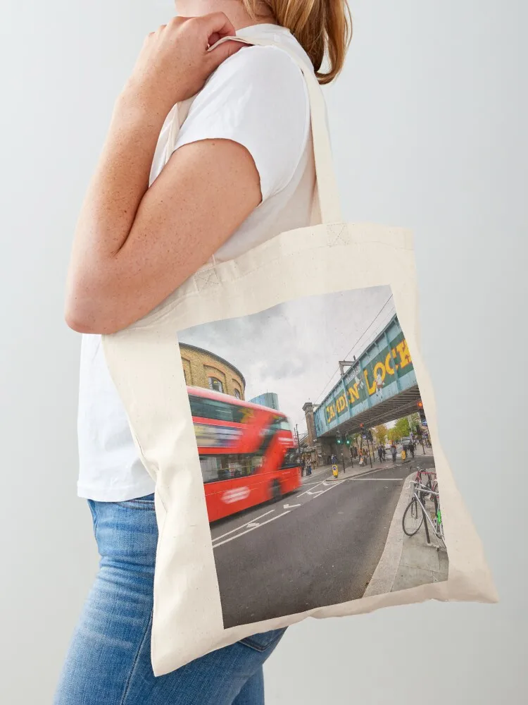 A red London Double Decker bus in front of Camden Lock bridge Tote Bag Canvas shoulder bag canvas tote bags Canvas Tote Bag