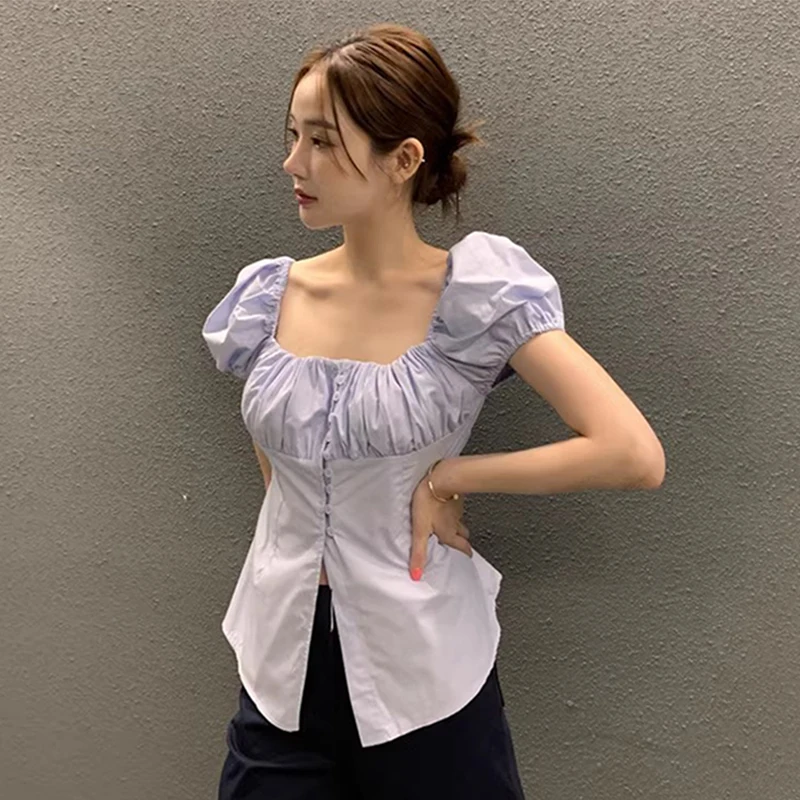 

Шикарный ретро нежный квадратный воротник с небольшими пуговицами, плиссированная талия, утягивающая универсальная пузырьковая све, маленькая пуговица irt