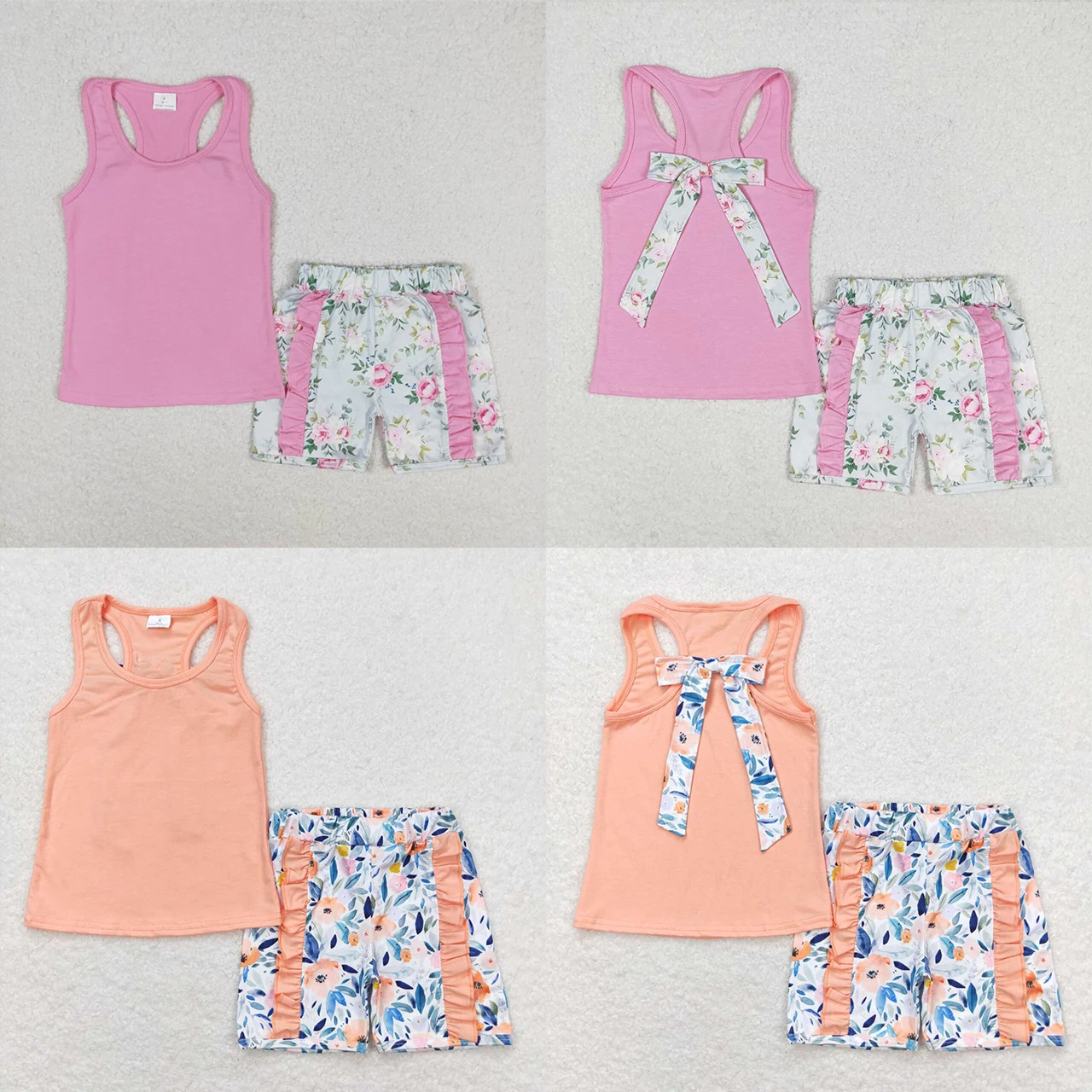 Wholesale Infant Floral Outfit Clothes Baby Girl Summer Sleeveless Purple Pink Shirt Toddler Kids Flower Shorts Children Set