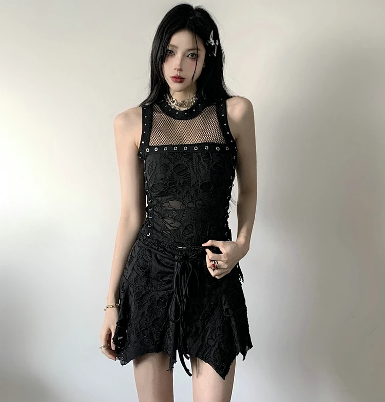 

Gothic Y2k 2 Piece Set Hollow Out Lace Spliced Tank Crop Top Women Lace-up Waisted Irregular Mini Skirt 2025 Aesthetic Harajuku