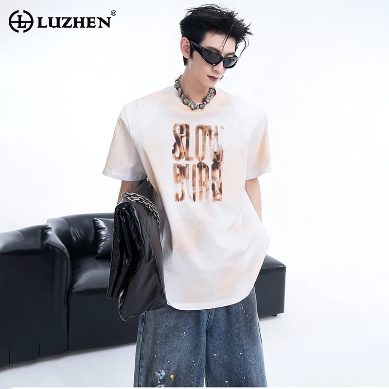 

LUZHEN American Letter Printed Wornout Design Trendy Short Sleeve T Shirts Personalized Stylish Handsome Street Men Tops LZ44540