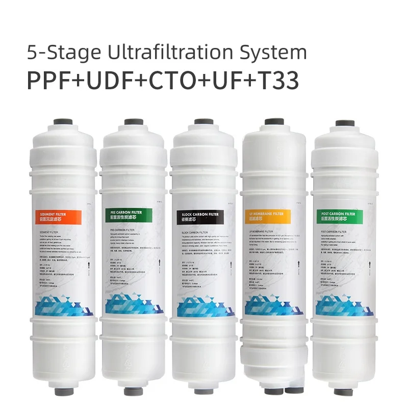 

Набор из 5 фильтров для очистки воды: предварительный фильтр из полипропиленового хлопка, постфильтр из активированного угля, быстросъемные картриджи T33.