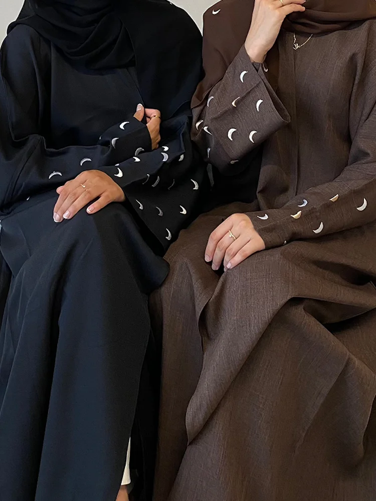 Abaya abierta de lino con mangas de murciélago para mujer, Abayas de lujo de Dubai, diseño bordado de Luna modesto, negro, 2024