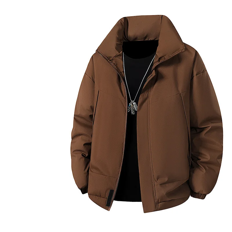 2025 Man Jacket Winter Vintage Simple Solid Color Zipper Loose Male Outerwear Thicken Stand Collar Long Sleeve Men Down Coat