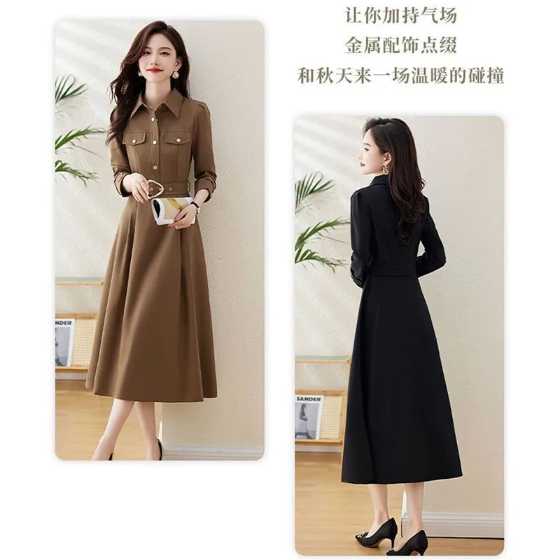 فستان برقبة على شكل طية صدر السترة فساتين قميص نسائية بأكمام طويلة 2026 ربيع خريف جديد فساتين راقية نسائية Mujer Vestidos