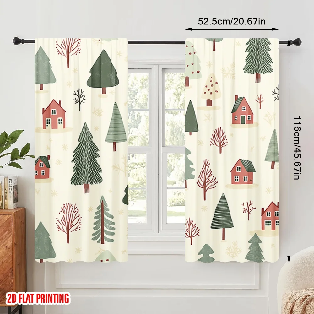 2pcs,2D plane printing Curtain Fabric Cute Winter Village Trees Houses (3) 100% Polyester (without rod) All Seasons Ldeal for