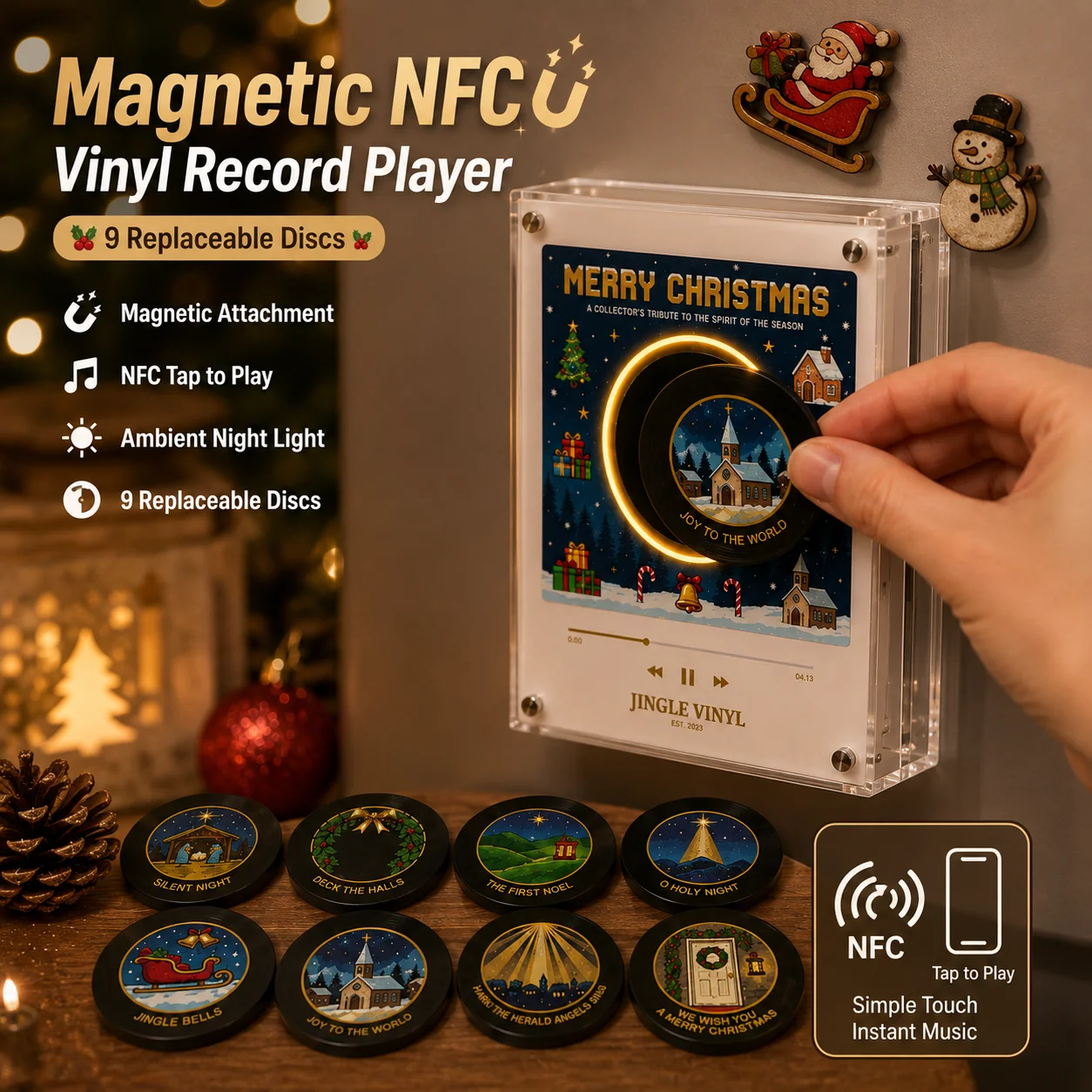 Aimant de réfrigérateur NFC, lecteur de musique vinyle avec 9 disques remplaçables et veilleuse LED, lecture tactile d'album musical, ornement de réfrigérateur