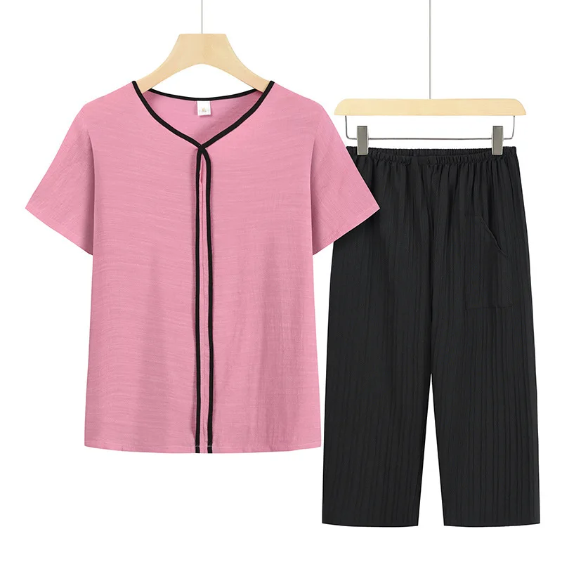 Middle Aged Mother Two-piece New Summer Pajamas Set Fake Cardigan Trousers Sets Pijamas Solid Colour Pyjama Pour Femme