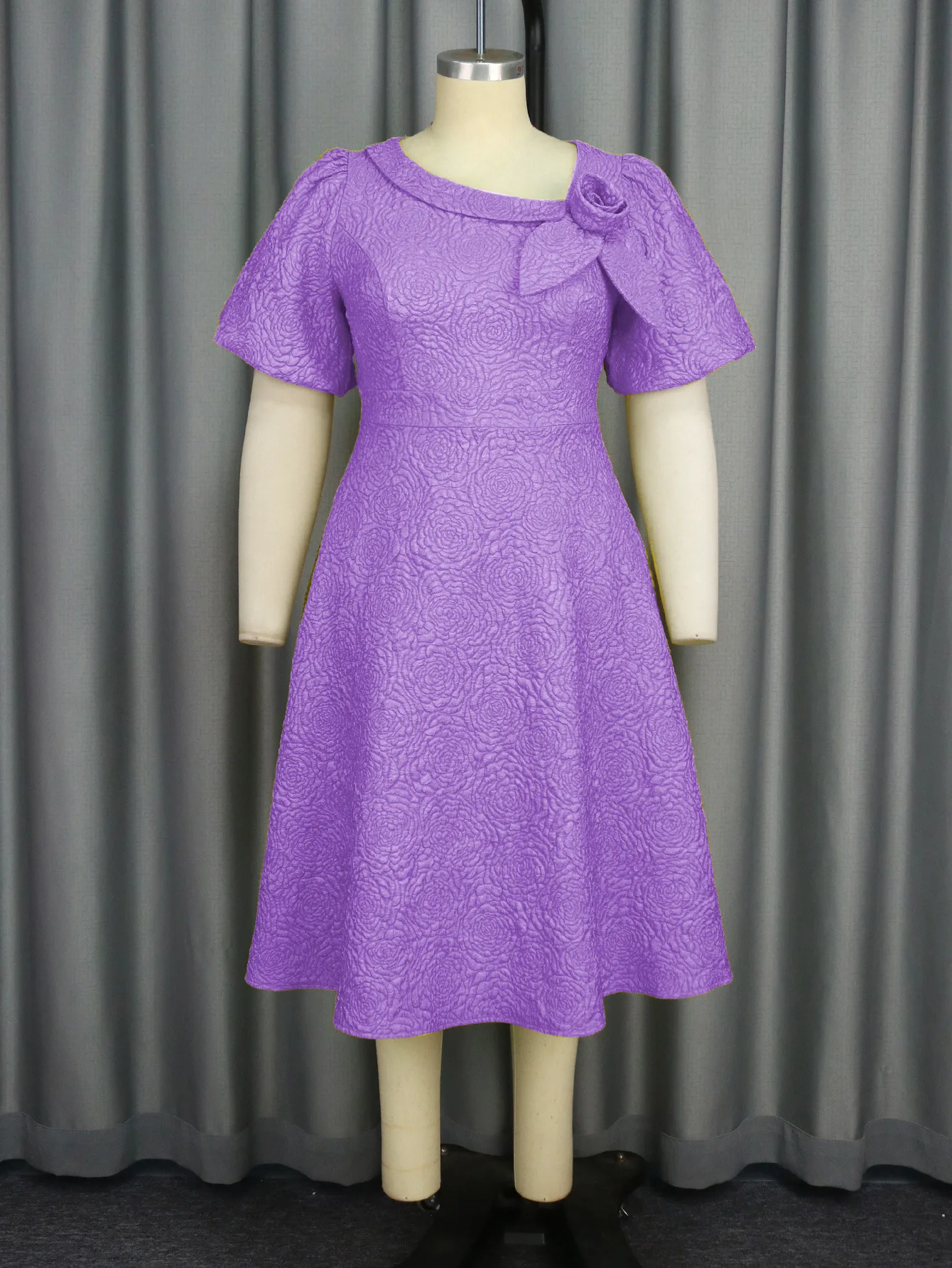 Übergröße Jacquard Midi-Kleid Damen Puffärmel 3D Blumenmuster Schleifenkragen A-Linien-Kleid Afrikanisches Elegantes Hochzeits- und Partykleid – Detail 10