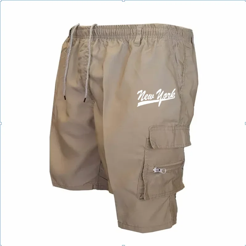 Men Beige Drawstring Cargo Shorts White New York Script Print Multi Zipper Pockets Casual Outdoor Work Shorts