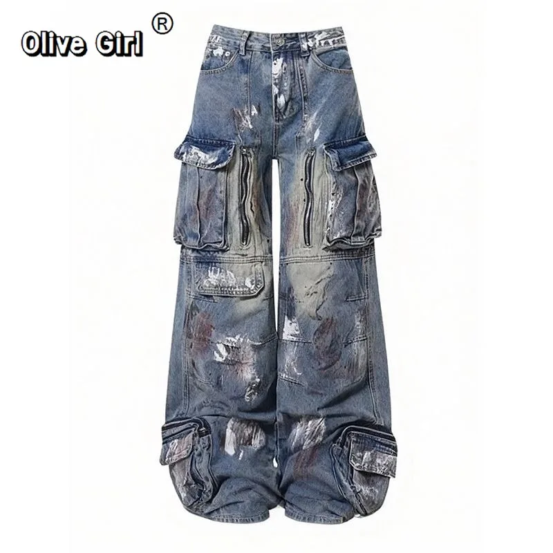 Olivegirl Denim Jeans American High Waist Graffiti Multi Pocket Jeans Trousers Women Men 2026 Spring Loose Fluffy Wide Leg Pants