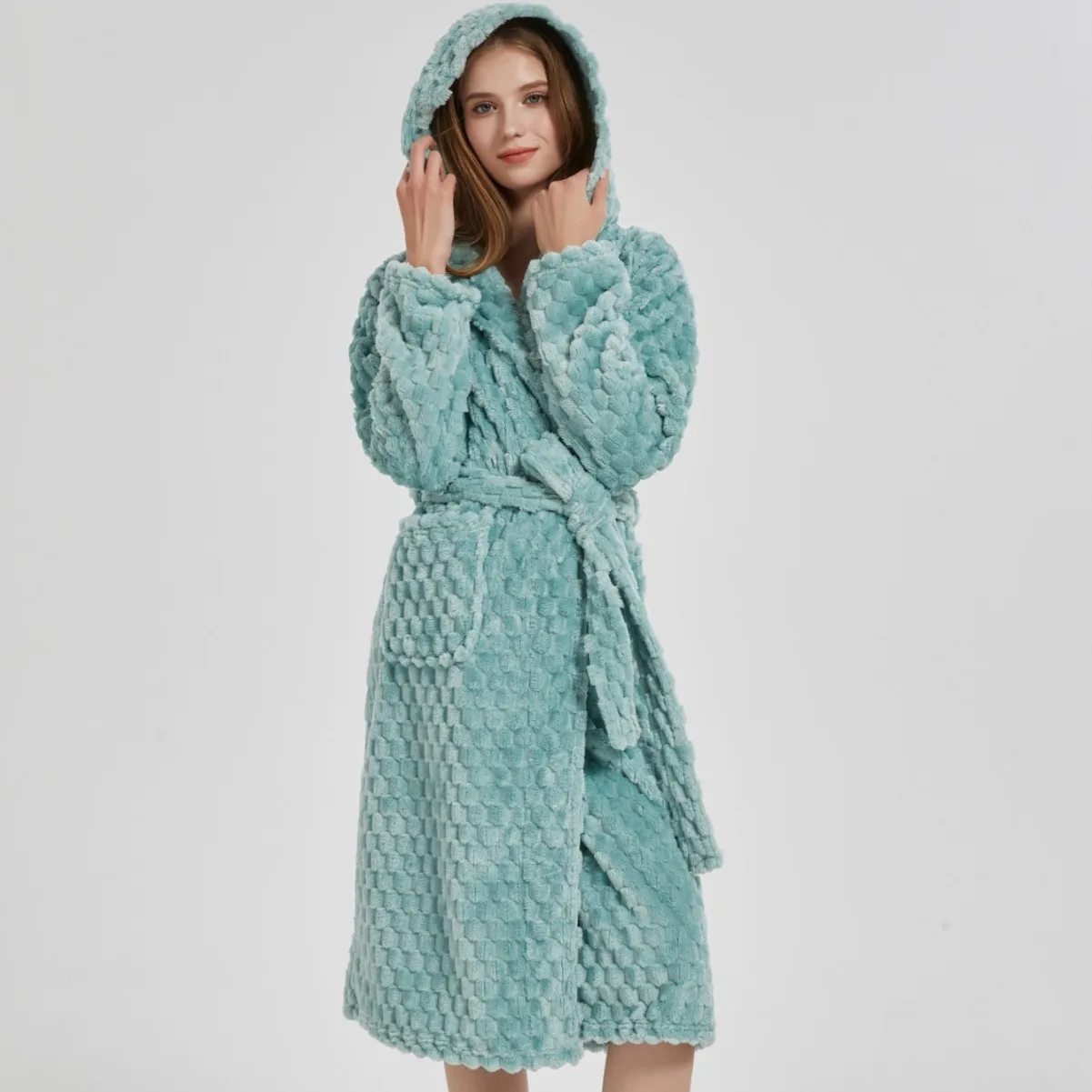 Winter Women's Bathrobe Solid Long Sleeve Thick Ladies Dressing Gown Kimono with Sashes Pockets Hooded Bath Robe for Female